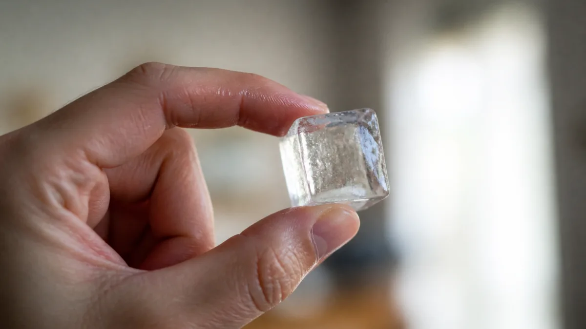 Mão segurando um cubo de gelo entre os dedos