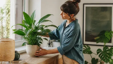 Pessoa girando vaso de planta perto da janela