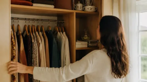 Pessoa diante de um armário com roupas e objetos guardados
