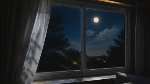 Janela residencial iluminada pela luz da lua durante a noite
