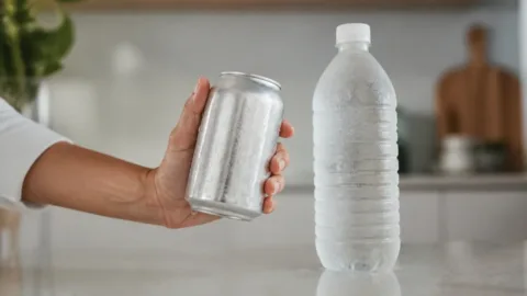 Mão segurando lata gelada ao lado de garrafa plástica