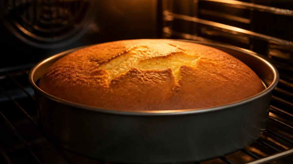 Bolo caseiro crescendo e rachando no centro dentro do forno