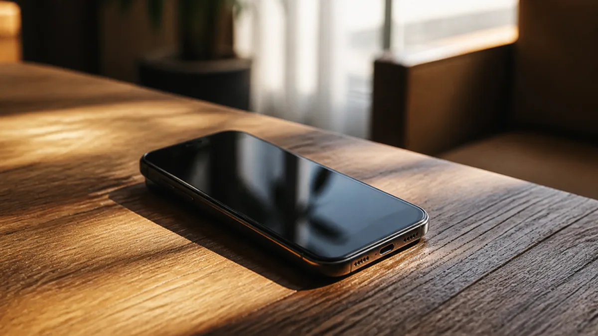 Celular apoiado sobre uma mesa em ambiente doméstico