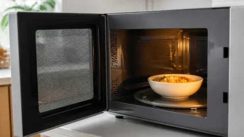Prato de vidro girando dentro de um micro-ondas