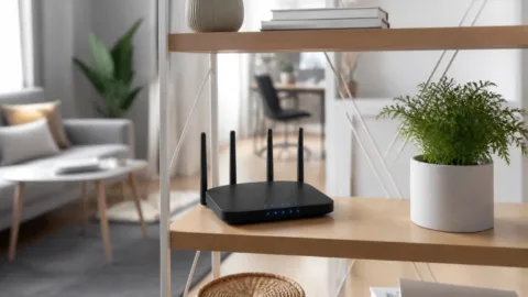 Roteador Wi-Fi em uma estante aberta na sala