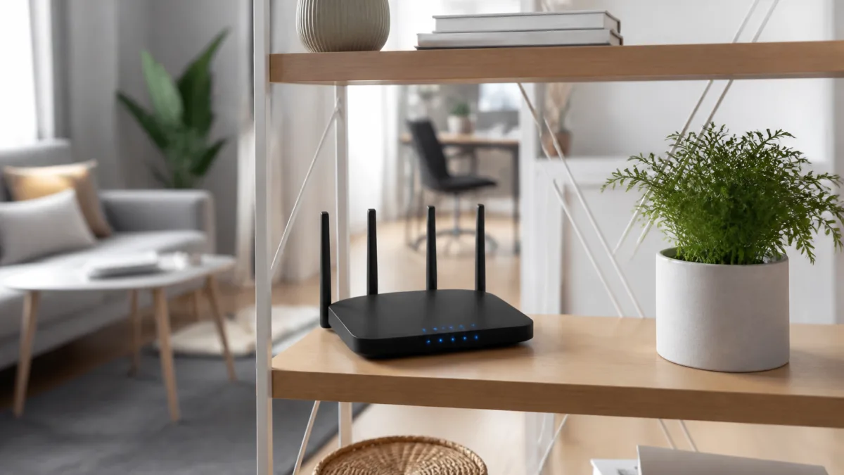 Roteador Wi-Fi em uma estante aberta na sala