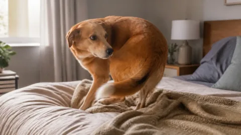 Cão girando antes de deitar em uma cama confortável
