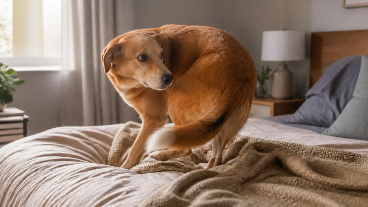Cão girando antes de deitar em uma cama confortável