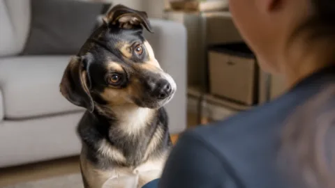Cão inclinando a cabeça enquanto escuta seu tutor