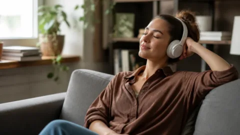 Pessoa ouvindo música repetidamente com fones de ouvido