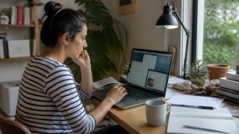 Pessoa trabalhando diante de um notebook com muitas abas abertas