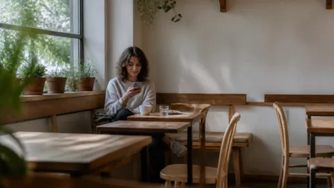 Pessoa sentada em seu lugar habitual em uma cafeteria