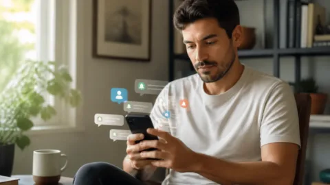 Pessoa conferindo notificações no celular em casa
