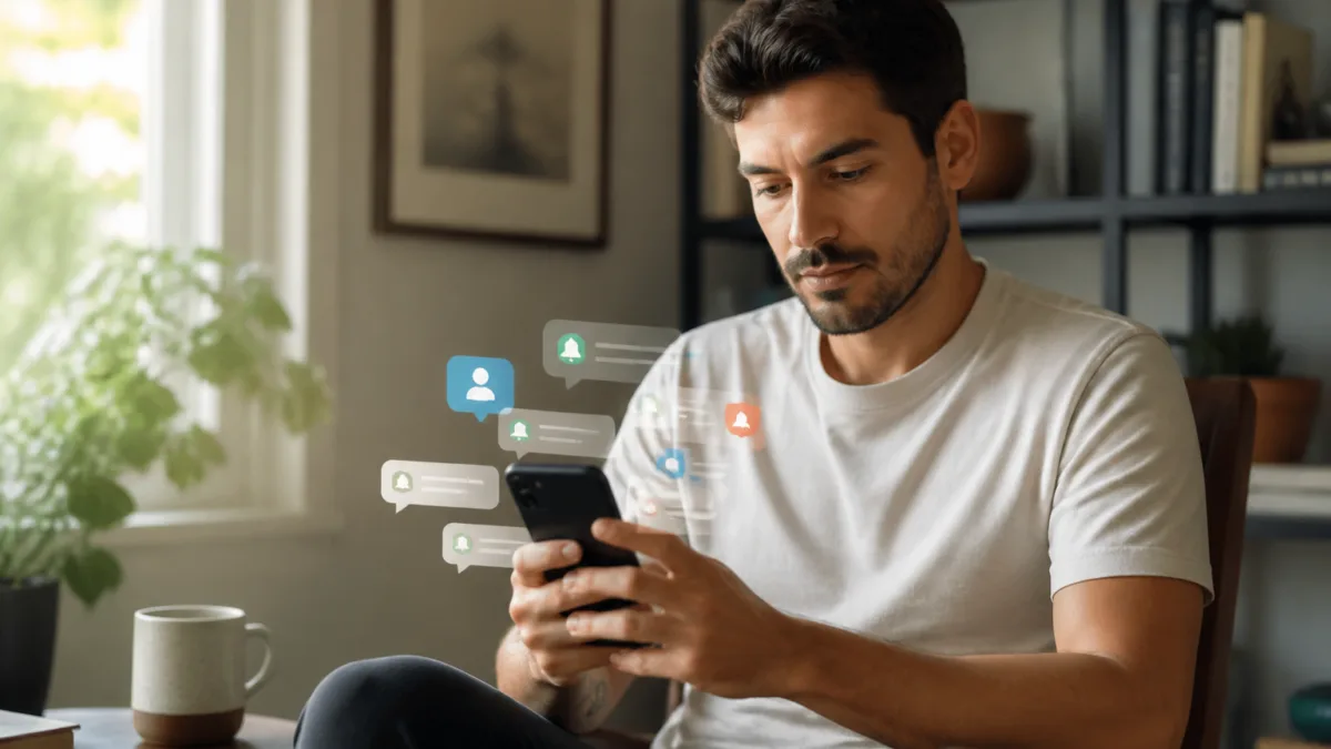 Pessoa conferindo notificações no celular em casa