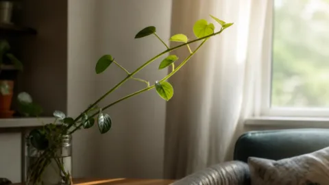 Planta com galhos finos e folhas espaçadas em direção à janela