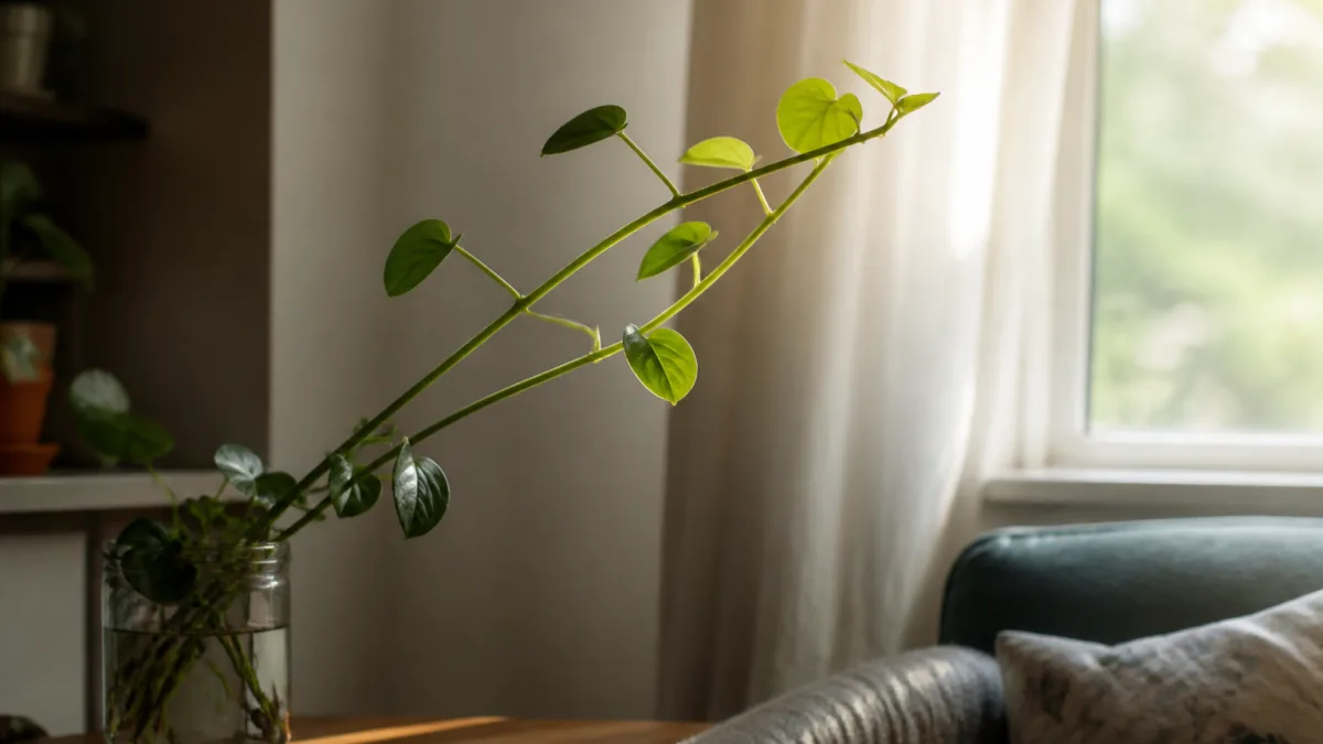 Planta com galhos finos e folhas espaçadas em direção à janela