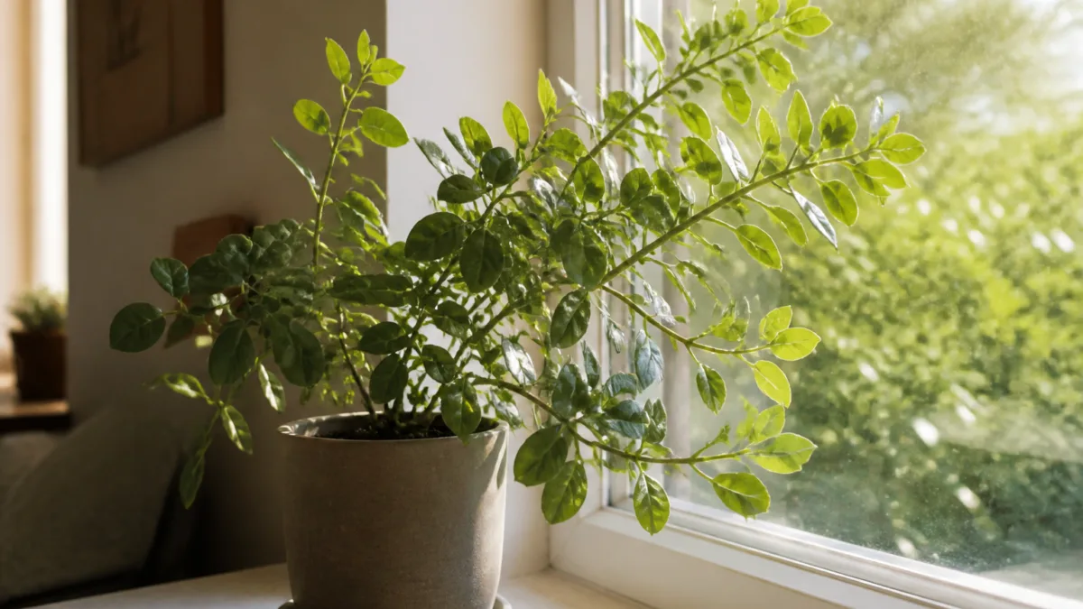 Planta em vaso inclinada em direção à luz da janela