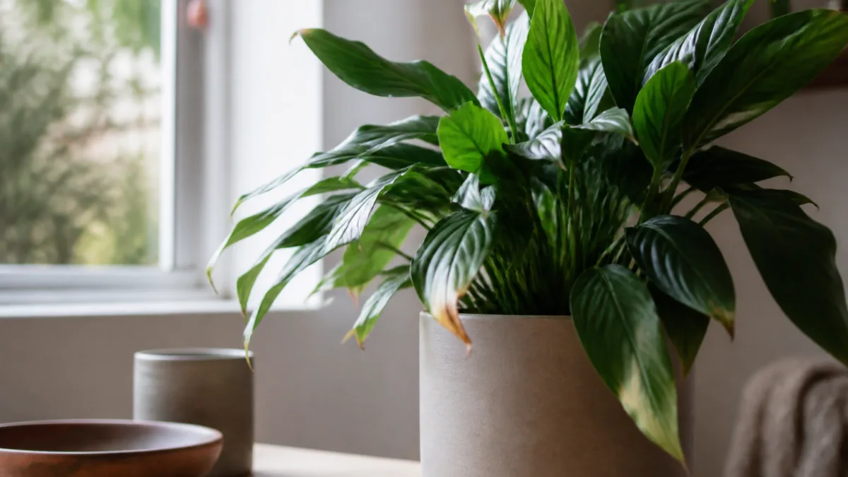 Folhas de planta com pontas marrons próximas a uma janela
