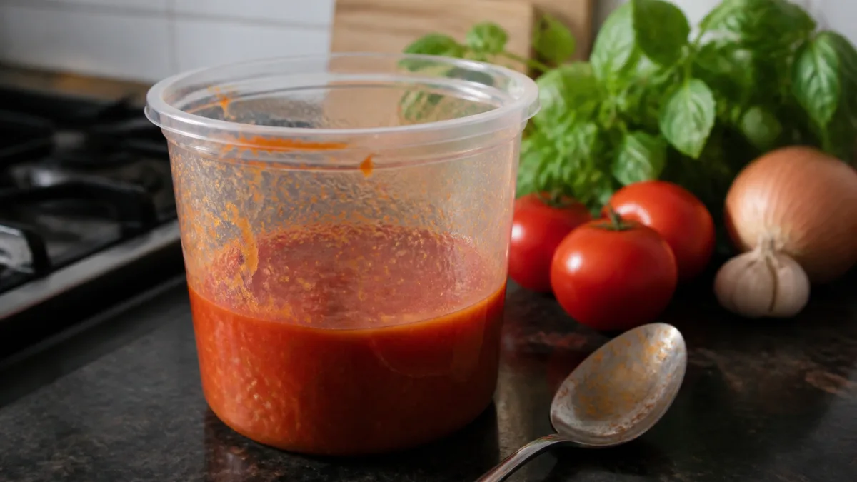 Pote plástico manchado por molho de tomate