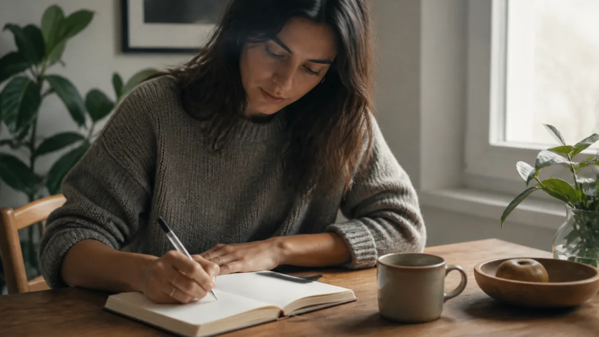 Pessoa reescrevendo uma lista de tarefas em um caderno