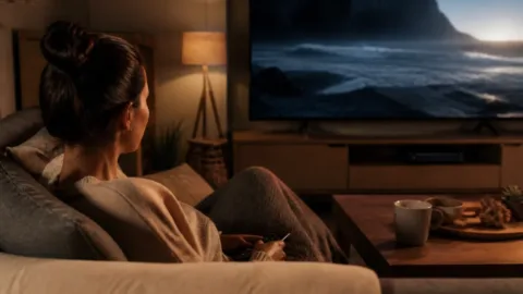 Pessoa assistindo a uma série em um sofá confortável