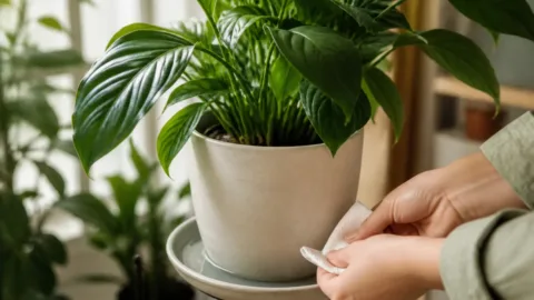 Pessoa retirando água acumulada do pratinho de um vaso de planta