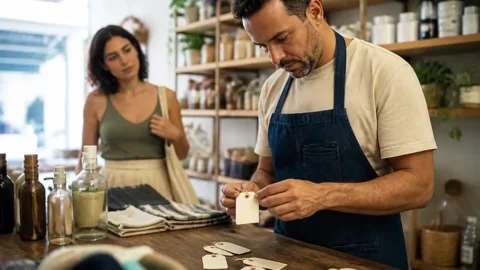 Empreendedor analisando preços de produtos em uma pequena loja
