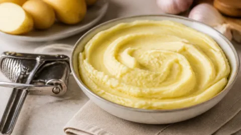 Purê de batata cremoso ao lado de um espremedor manual