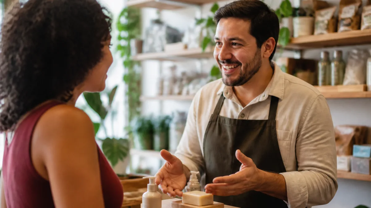 Vendedor apresenta produto a uma cliente em pequena loja
