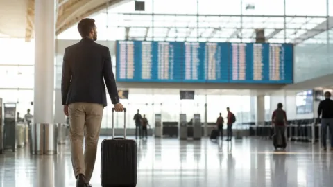 Passageiro com mala de mão em conexão no aeroporto