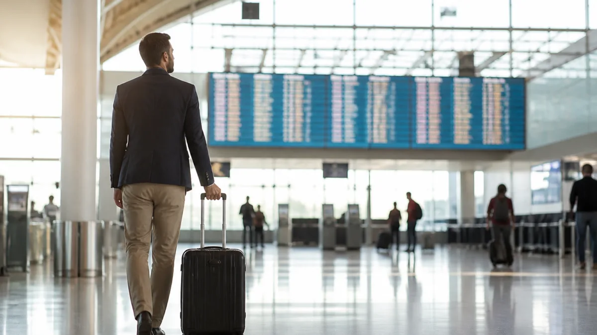 Passageiro com mala de mão em conexão no aeroporto