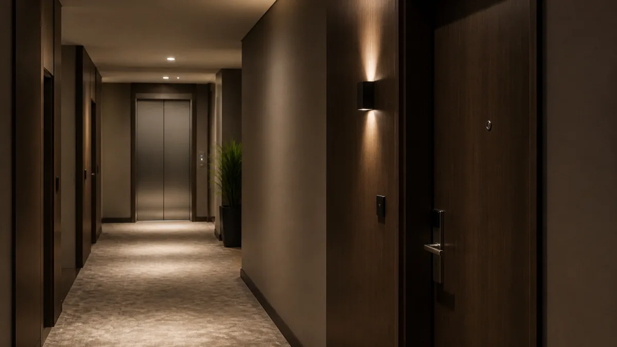 Corredor de prédio com elevador próximo às portas dos apartamentos