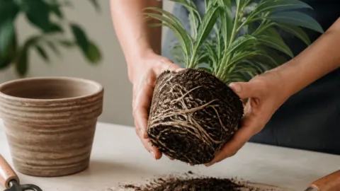 Raízes enroladas ao redor do torrão de uma planta retirada do vaso