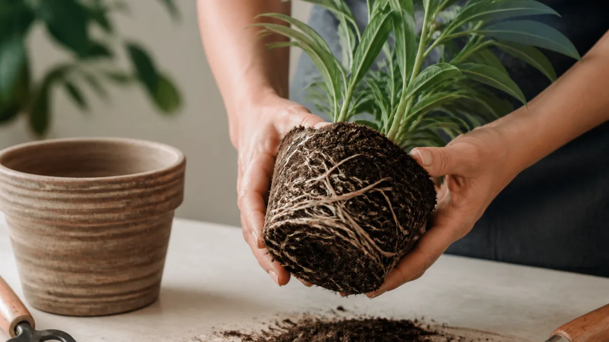 Raízes enroladas ao redor do torrão de uma planta retirada do vaso