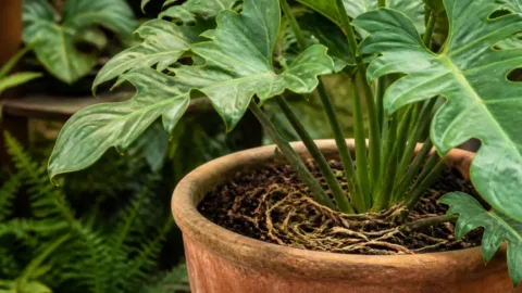 Raízes aparentes sobre a terra de uma planta em vaso