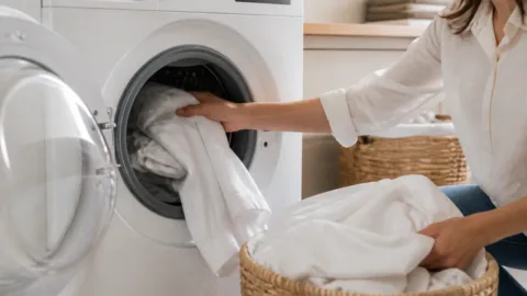Roupas brancas sendo preparadas para lavagem na máquina