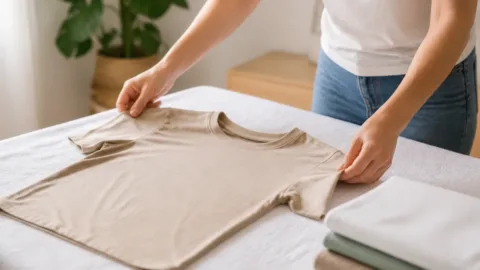 Pessoa tentando recuperar o formato de uma camiseta de algodão