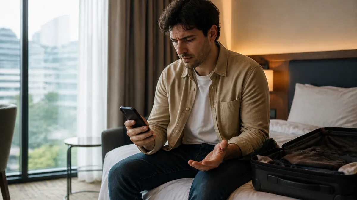 Hóspede confere uma reserva de hotel ao lado da mala