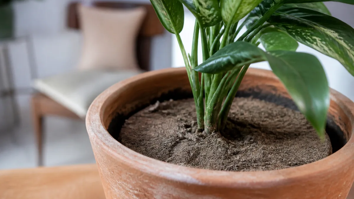 Terra seca afastada das bordas de um vaso de planta