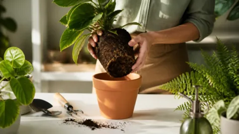 Pessoa trocando a terra compactada de uma planta em vaso