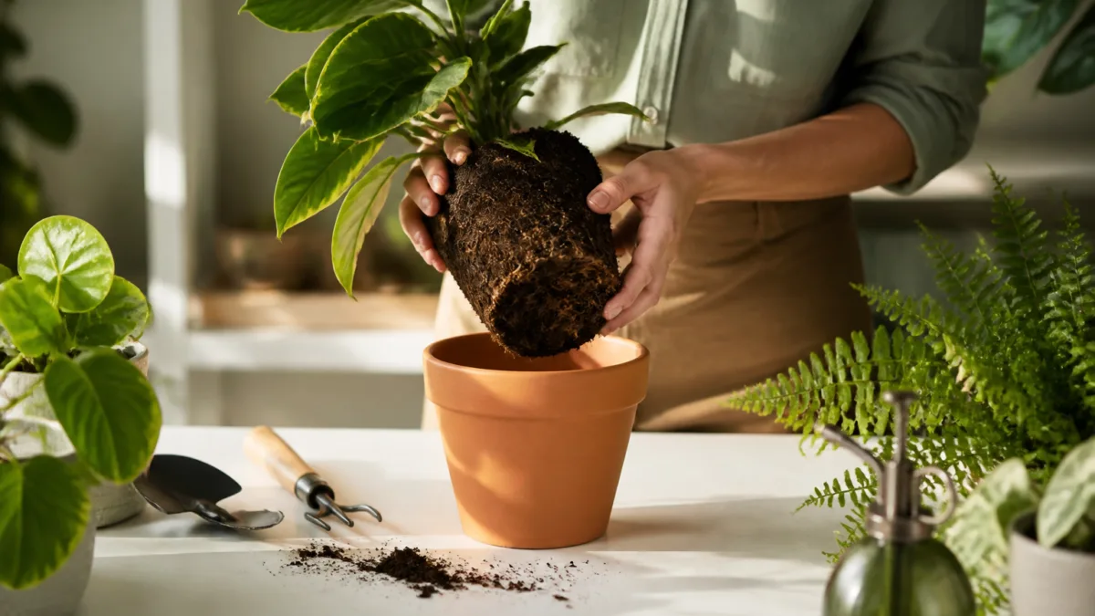 Pessoa trocando a terra compactada de uma planta em vaso