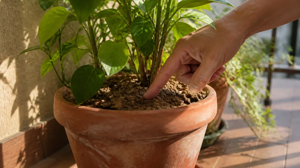 Mão verificando a terra seca de uma planta em vaso