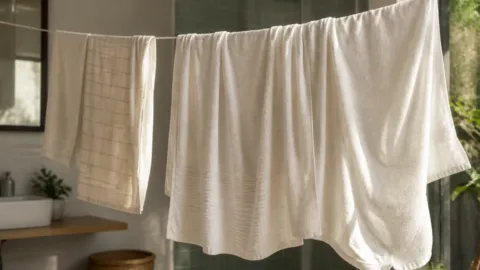 Toalhas limpas abertas para secar em ambiente ventilado