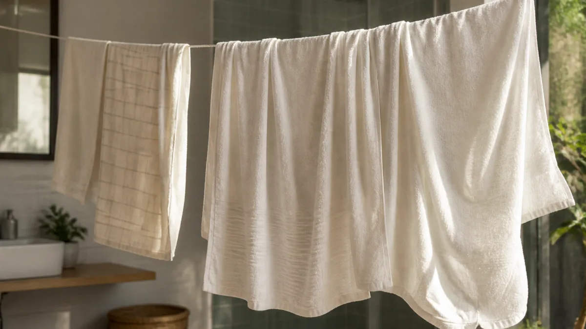 Toalhas limpas abertas para secar em ambiente ventilado