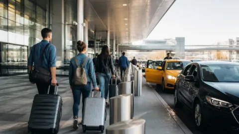 Viajantes com malas escolhendo transporte na saída do aeroporto