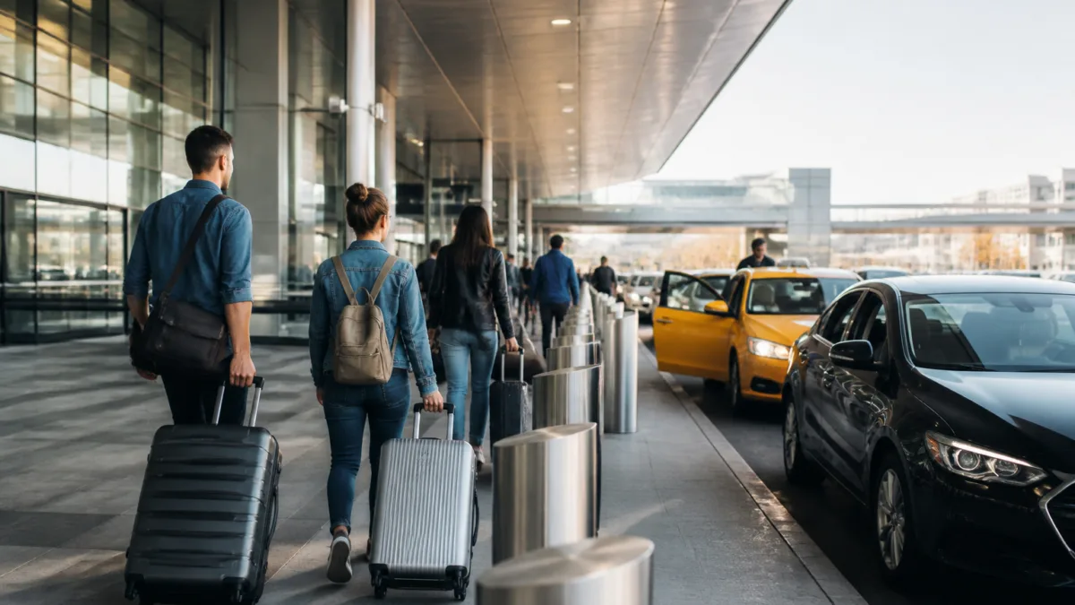 Viajantes com malas escolhendo transporte na saída do aeroporto