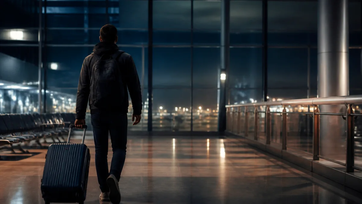 Viajante com mala em aeroporto durante a madrugada