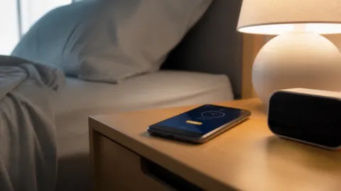 Celular com despertador sobre uma mesa de cabeceira