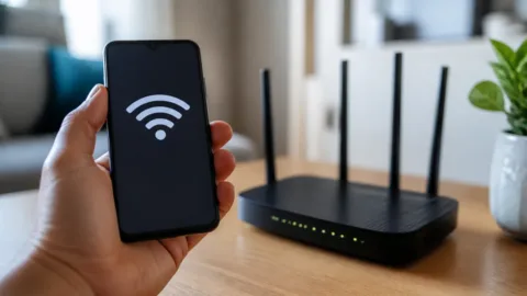 Celular conectado ao Wi-Fi ao lado de um roteador doméstico